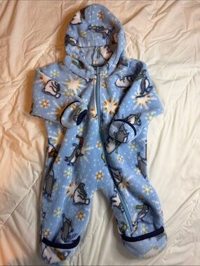REI Light Blue Penguin Hooded Footed One-Piece